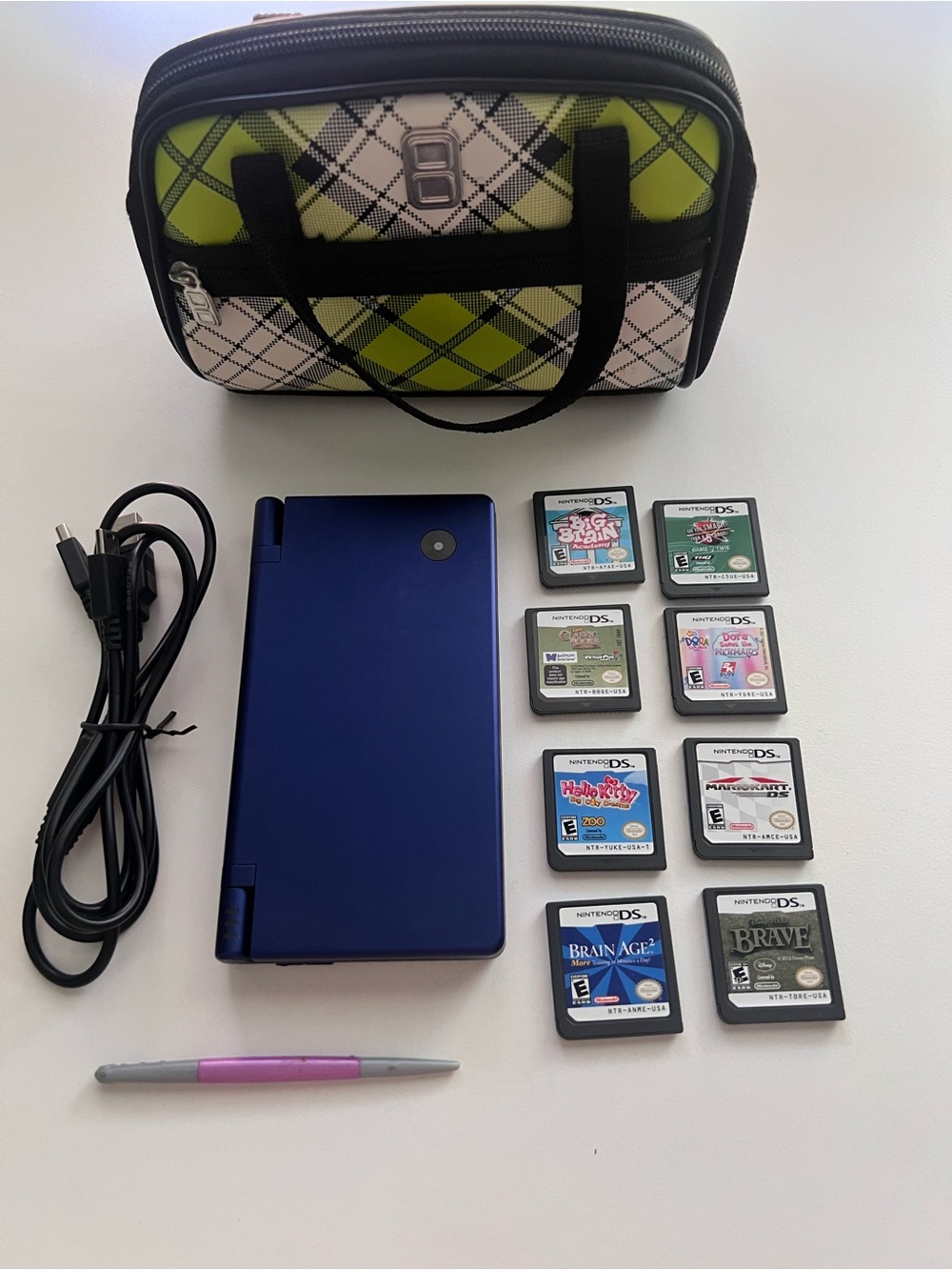 Nintendo DSi Handheld Gaming Console Matte Metallic Blue 8 games charger case